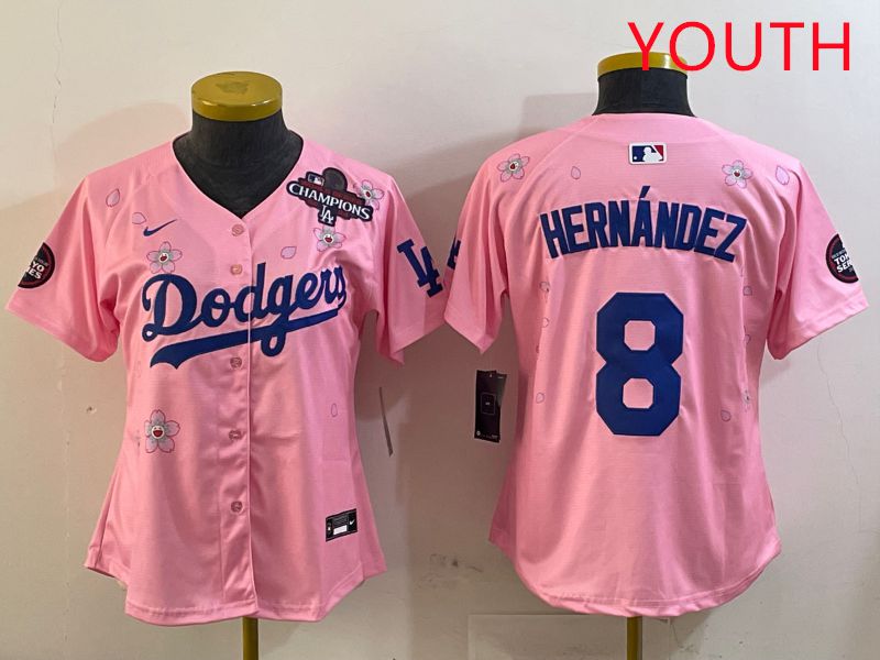 Youth Los Angeles Dodgers #8 Hernandez Pink Sakura Edition 2025 Nike MLB Jersey style 3